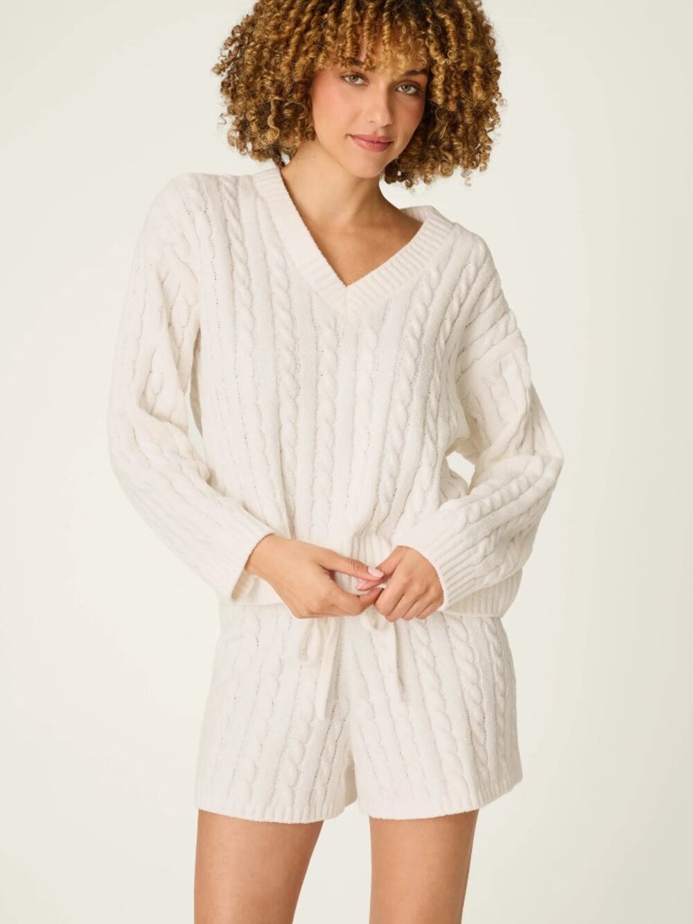 PJ Salvage Chenille Cable Knit Ivory V-Neck Sweater